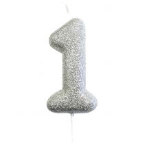Kaars op prikker cijfer 1 zilver glitter 7 cm