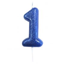 Kaars op prikker cijfer 1 blauw glitter 7 cm