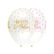 6 Latex ballonnen Happy Birthday met roze en goudkleurige stippen 30 cm