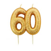 Verjaardagskaars met prikker 60 jaar goudkleurig glitter 7 cm