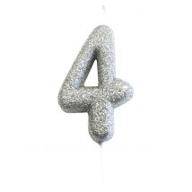 Kaars met prikker cijfer 4 zilver glitter 7 cm