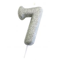 Kaars op stok nummer 7 glitter zilver 7 cm