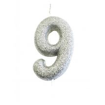 Kaars op stok nummer 9 glitter zilver 7 cm