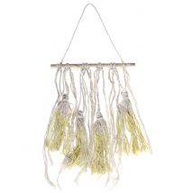 Houten ophanging met gele pompons 24 x 50 cm