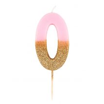 Kaars op stok nummer 0 roze en gouden glitter 13,8 cm