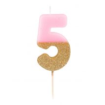 Kaars met prikker cijfer 5 roze en goudkleurige glitter 13.8 cm