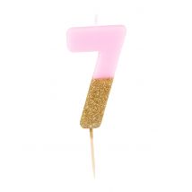 Kaars met prikker cijfer 7 roze en goudkleurige glitter 13.8 cm