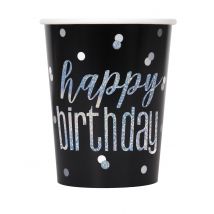 8 Kartonnen bekers Happy Birthday zwart e grijs 266 ml