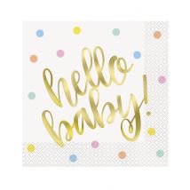 16 Papieren servetten hello baby wit en goud 33 x 33 cm