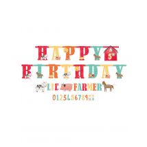 2 Kartonnen slingers Happy Birthday aanpasbare leeftijd op de boerderij