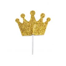 12 Taarttoppers met prikker kroon goudkleurige glitter 6;5 cm