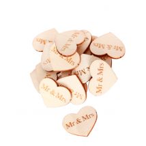 50 Houten confetti harten Mr + Mrs 2;5 x 2 cm