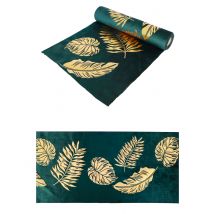 Tafelloper in groen fluweel met goudkleurige bladeren 28 cm x 3 m