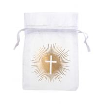 6 Organdy zakjes wit ceremonie goud 7,5 x 10 cm