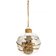 Kerstbal in hout en jute glas 8 cm