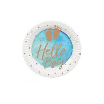 10 Hello Boy blauwe en gouden papieren borden 23 cm