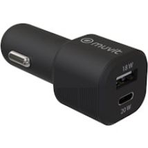muvit for change cargador coche 1 USB QC 3.0 18W+1 Tipo C PD 20W negro