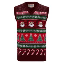 Jumpers Men's Candy Tree Motif Novelty Knitted Christmas V-Neck Sleeveless Tank Top in Claret - Merry Christmas / XL - Tokyo Laundry