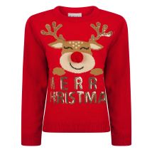 Jumpers Women’s Happy Rudolph Motif Novelty Sequinned 3d Pom Pom Christmas Jumper in Tokyo Red - Merry Christmas / 12 - Tokyo Laundry