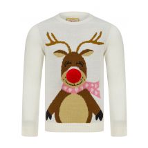 Jumpers Girls Happy Reindeer Pom Pom Nose Novelty Christmas Jumper in Gardenia - Merry Christmas Kids (4-12yrs) / 4-5 Years - Tokyo Laundry