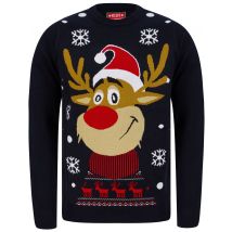 Jumpers Men's Rudolph Smile Motif Novelty Christmas Jumper in Ink - Merry Christmas / S - Tokyo Laundry