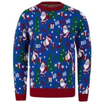 Jumpers Santa Repeat Motif Novelty Christmas Jumper in Sapphire Blue - Merry Christmas / S - Tokyo Laundry