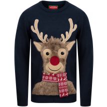 Jumpers Sleepy Reindeer Novelty Christmas Jumper With Faux Fur Applique In Eclipse Blue - Merry Christmas / S - Tokyo Laundry