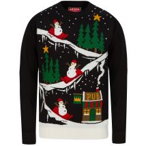 Jumpers Men's To The Pub 2 Snowman Slide Motif Novelty Christmas Jumper in Black - Merry Christmas / S - Tokyo Laundry