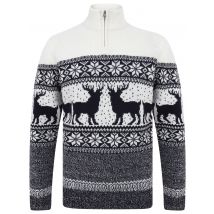 Jumpers Men's Gullfoss Nordic Fair Isle Jacquard Knit Jumper with Quarter Zip Funnel Neck in Laundered Ecru - Merry Christmas / L - Tokyo Laundry