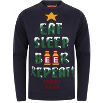 Jumpers Eat Sleep Beer Repeat Motif Novelty Christmas Jumper in Eclipse Blue - Merry Christmas / S - Tokyo Laundry