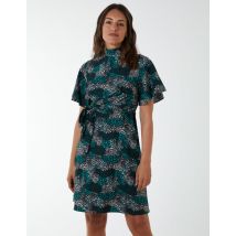 Wrap Front High Neck Dress With Angel Sleeve - 8 / GREEN