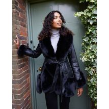 Panel Faux Fur Pu Belted Coat - 12 / BLACK