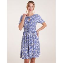 Tie Keyhole Front Puff Sleeve Dress - S/M / BLUE