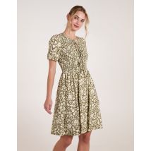 Tie Keyhole Front Puff Sleeve Dress - L/XL / GREEN