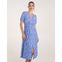 Short Sleeve Button Front Split Front Midi Dress - M/L / BRIGHT BLUE