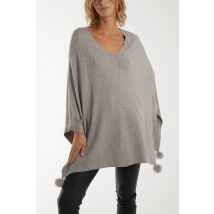 Faux Fur Tassled Diamante Poncho - ONE / TAUPE