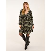 Shirred Elastic Sleeve Tier Mini Dress - M / GREEN