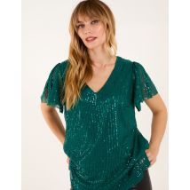 Angel Sleeve V Neck Sequin Top - S / Teal
