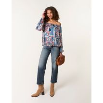 Paisley Printed Bardot Puff Ball Blouse - S / TEAL