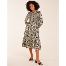Animal Print Shirred Long Sleeve Midi Dress - 10 / BLACK