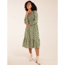 Animal Print Shirred Long Sleeve Midi Dress - 10 / GREEN