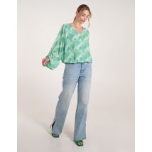 V Neck Zig Zag Puffball Top - S/M / GREEN