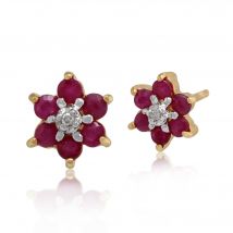 Floral Round Ruby & Diamond Cluster Stud Earrings in 9ct Yellow Gold