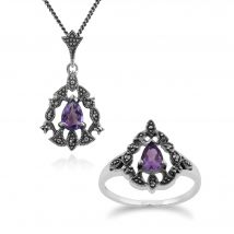 Art Nouveau Style Pear Amethyst & Marcasite Garland Pendant & Ring Set in 925 Sterling Silver