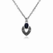 Art Deco Style Oval Sapphire & Marcasite Necklace in 925 Sterling Silver