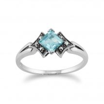 Art Deco Style Square Blue Topaz & Marcasite Ring in 925 Sterling Silver