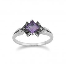 Art Deco Style Square Amethyst & Marcasite Ring in 925 Sterling Silver