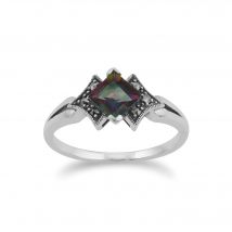 Art Deco Style Square Mystic Topaz & Marcasite Ring in 925 Sterling Silver