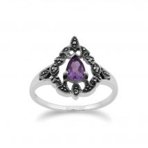 Art Nouveau Style Pear Amethyst & Marcasite Statement Ring in 925 Sterling Silver