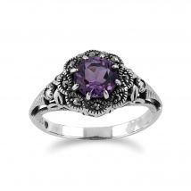 Art Nouveau Style Round Amethyst & Marcasite Floral Ring in Sterling Silver